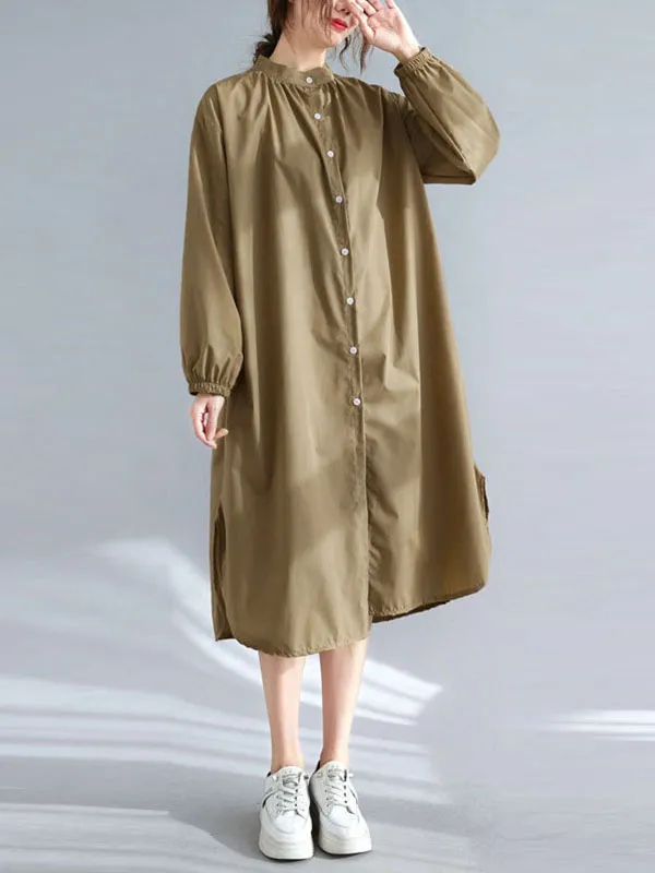 xakxx A-Line Long Sleeves Buttoned Elasticity Split-Side Mock Neck Midi Dresses Shirt Dress