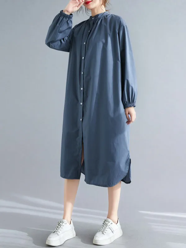 xakxx A-Line Long Sleeves Buttoned Elasticity Split-Side Mock Neck Midi Dresses Shirt Dress