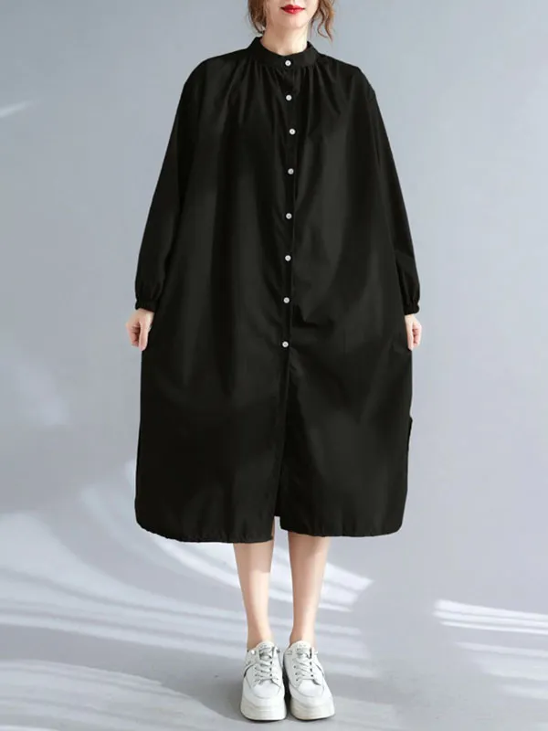 xakxx A-Line Long Sleeves Buttoned Elasticity Split-Side Mock Neck Midi Dresses Shirt Dress