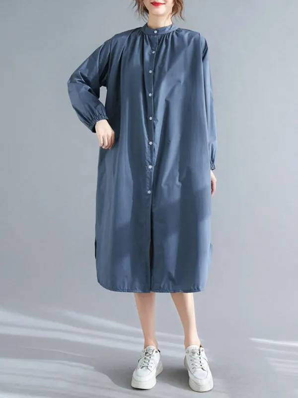 xakxx A-Line Long Sleeves Buttoned Elasticity Split-Side Mock Neck Midi Dresses Shirt Dress
