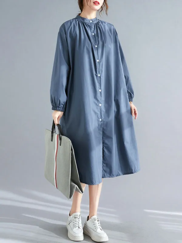 xakxx A-Line Long Sleeves Buttoned Elasticity Split-Side Mock Neck Midi Dresses Shirt Dress