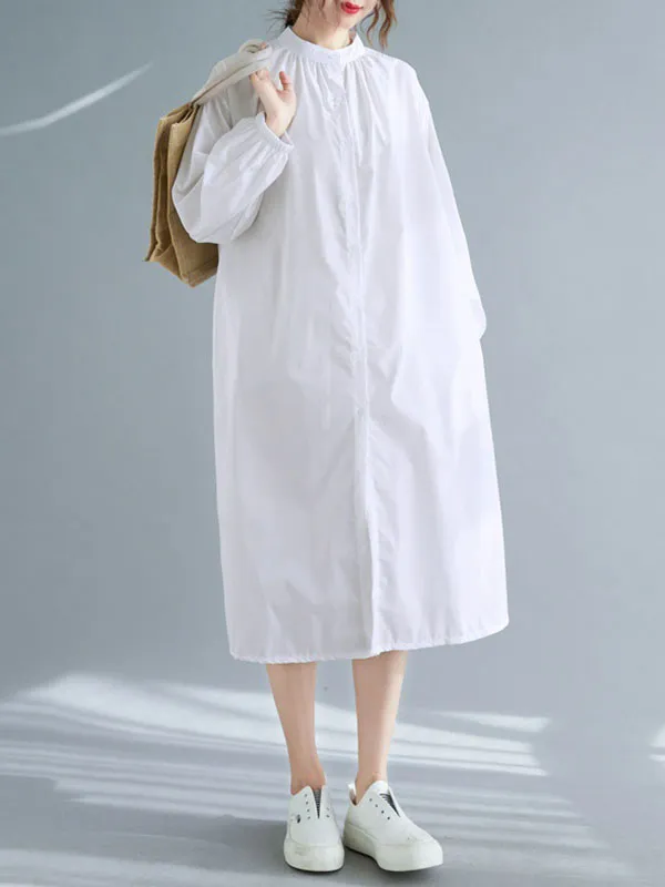 xakxx A-Line Long Sleeves Buttoned Elasticity Split-Side Mock Neck Midi Dresses Shirt Dress