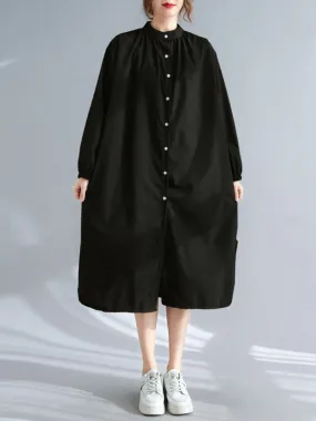 xakxx A-Line Long Sleeves Buttoned Elasticity Split-Side Mock Neck Midi Dresses Shirt Dress