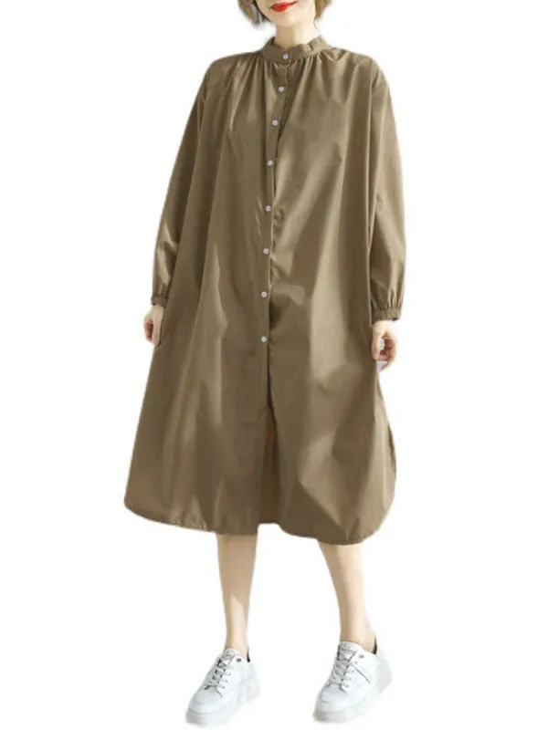 xakxx A-Line Long Sleeves Buttoned Elasticity Split-Side Mock Neck Midi Dresses Shirt Dress