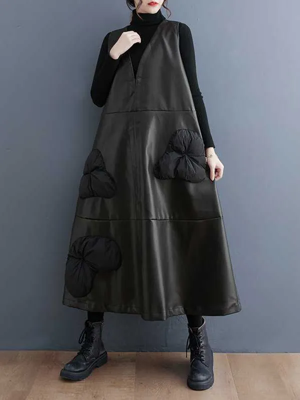 xakxx A-Line Loose Flower-Embellished Split-Joint V-Neck Midi Dresses