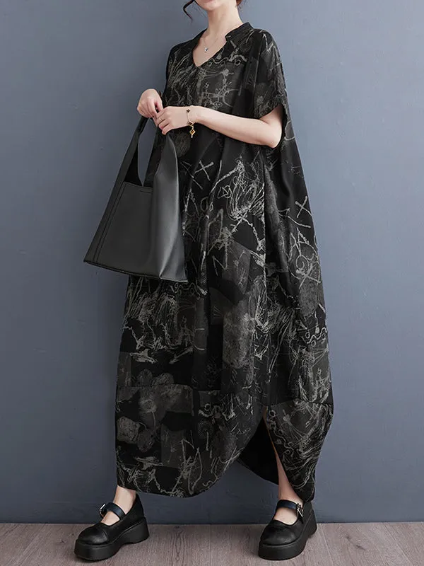 xakxx Irregular Clipping Loose Printed V-Neck Maxi Dresses