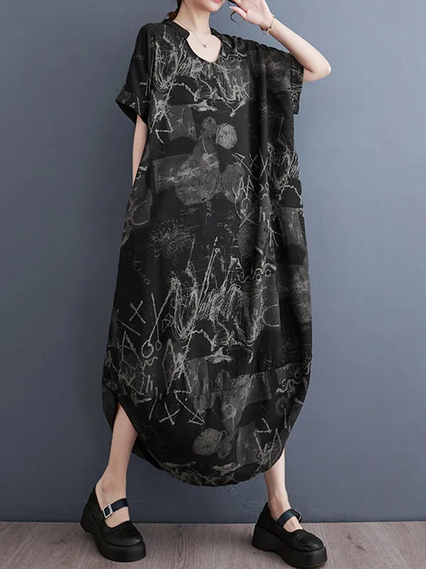 xakxx Irregular Clipping Loose Printed V-Neck Maxi Dresses