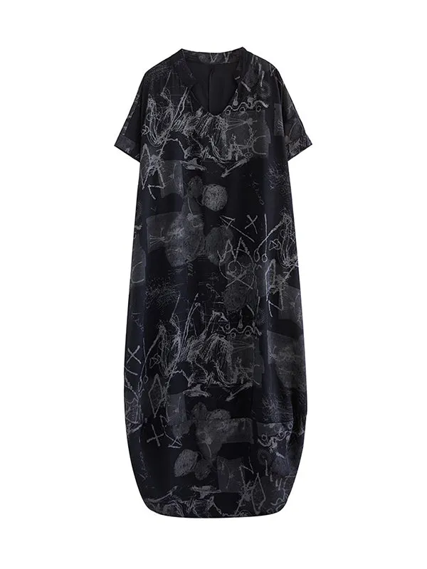xakxx Irregular Clipping Loose Printed V-Neck Maxi Dresses