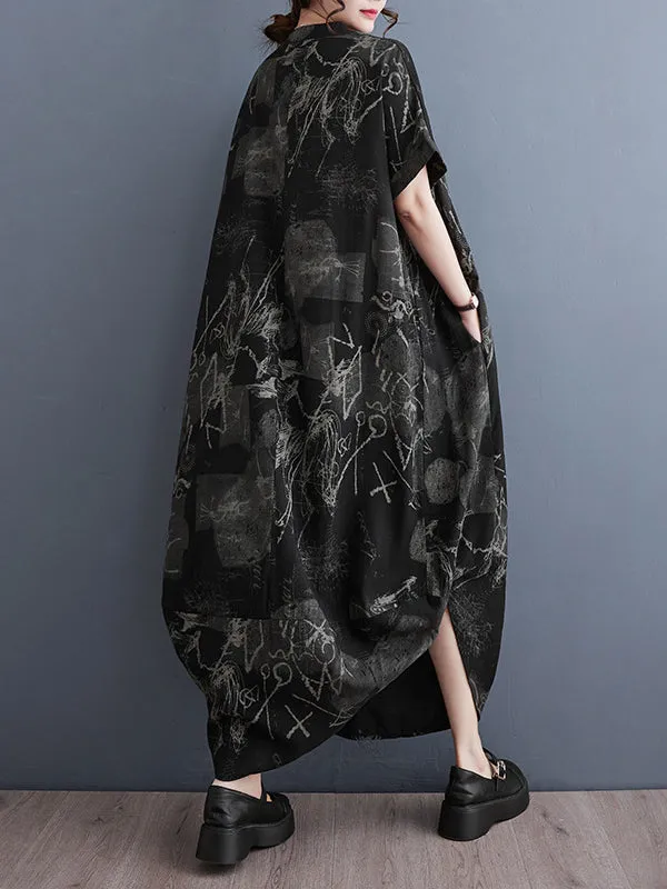 xakxx Irregular Clipping Loose Printed V-Neck Maxi Dresses