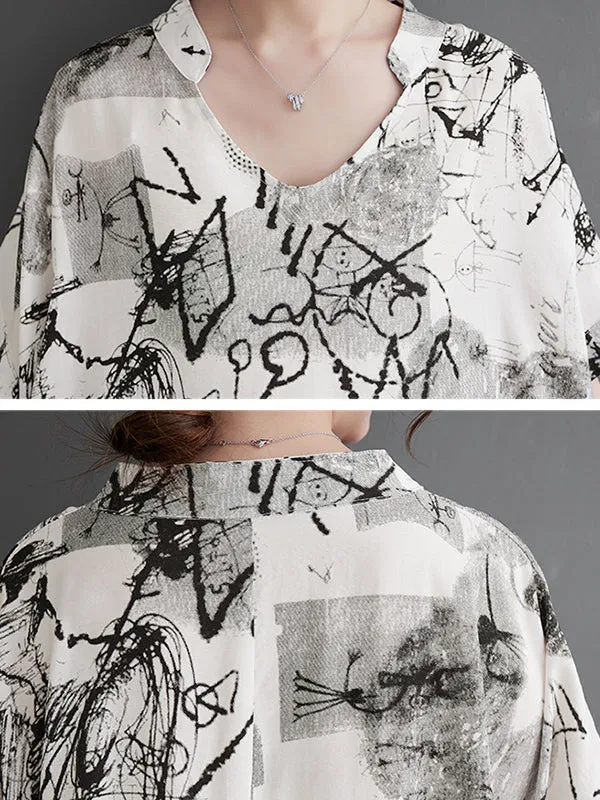 xakxx Irregular Clipping Loose Printed V-Neck Maxi Dresses