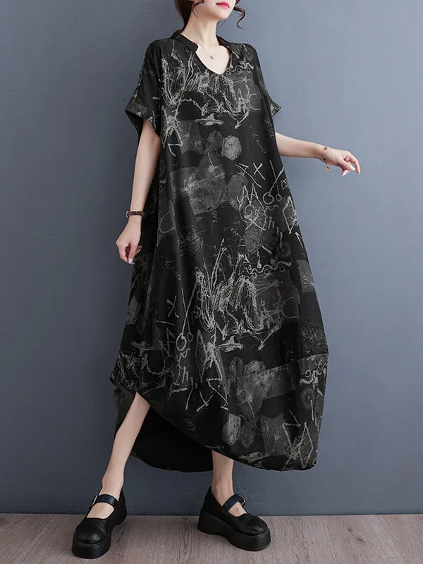 xakxx Irregular Clipping Loose Printed V-Neck Maxi Dresses
