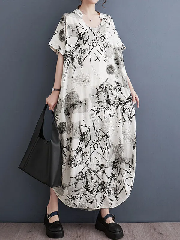xakxx Irregular Clipping Loose Printed V-Neck Maxi Dresses