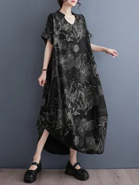 xakxx Irregular Clipping Loose Printed V-Neck Maxi Dresses