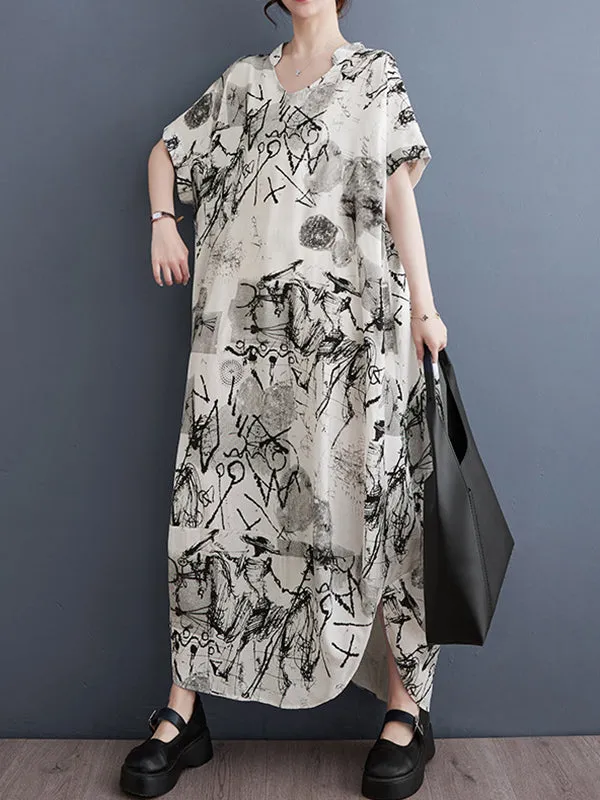 xakxx Irregular Clipping Loose Printed V-Neck Maxi Dresses