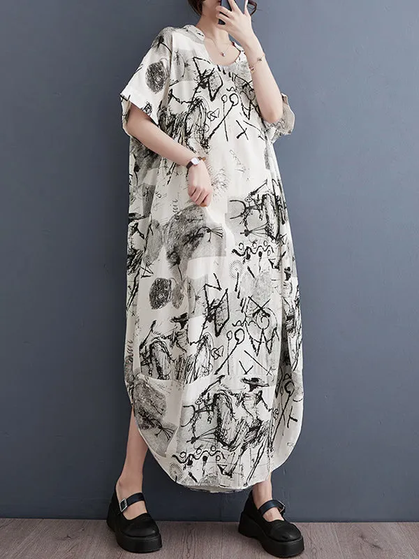 xakxx Irregular Clipping Loose Printed V-Neck Maxi Dresses