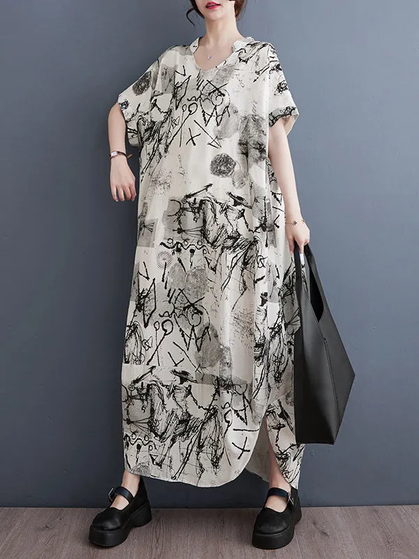 xakxx Irregular Clipping Loose Printed V-Neck Maxi Dresses