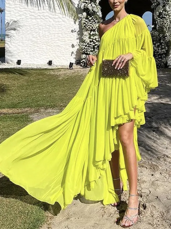 xakxx Irregularity Loose Pleated Solid Color One-Shoulder Maxi Dresses