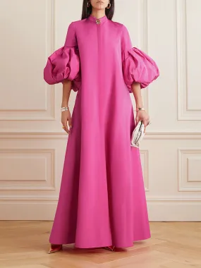 xakxx Loose Flower Shape Solid Color Stand Collar Lantern Sleeves Maxi Dresses
