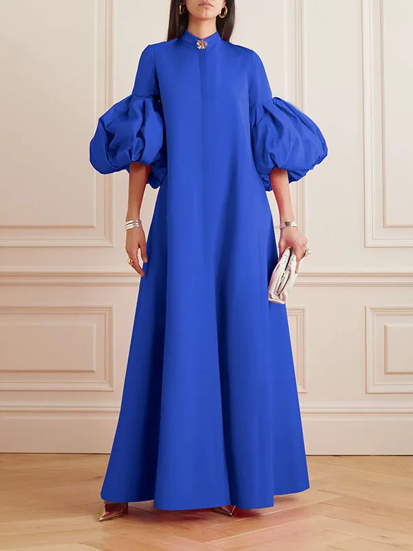 xakxx Loose Flower Shape Solid Color Stand Collar Lantern Sleeves Maxi Dresses