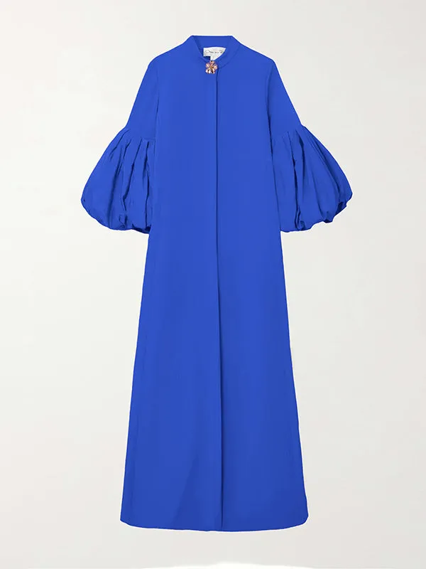 xakxx Loose Flower Shape Solid Color Stand Collar Lantern Sleeves Maxi Dresses