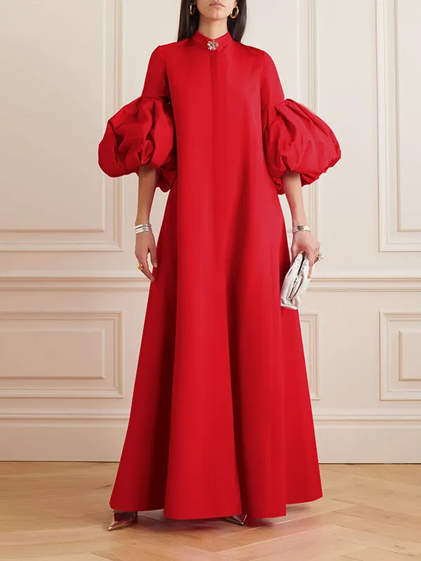 xakxx Loose Flower Shape Solid Color Stand Collar Lantern Sleeves Maxi Dresses