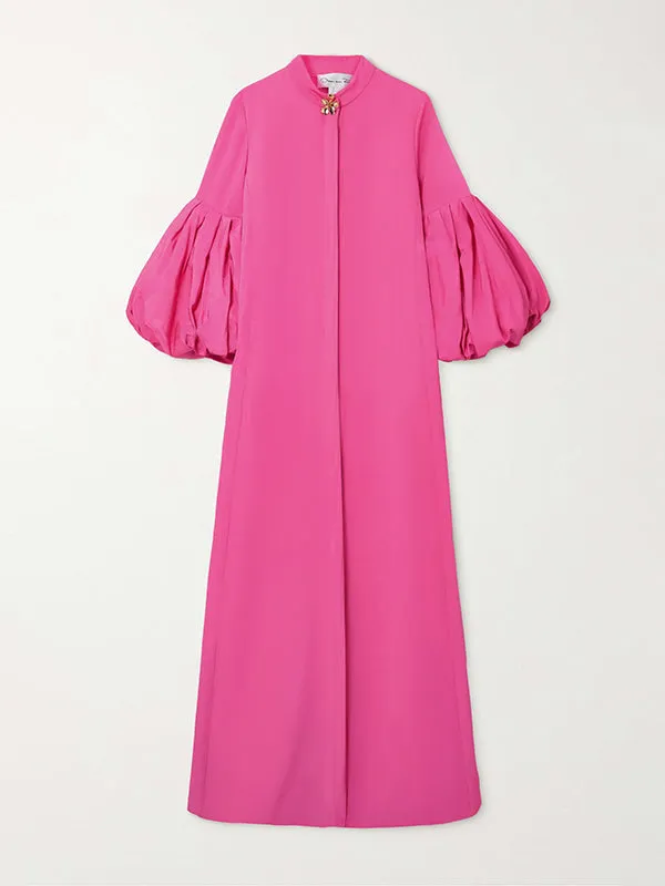 xakxx Loose Flower Shape Solid Color Stand Collar Lantern Sleeves Maxi Dresses