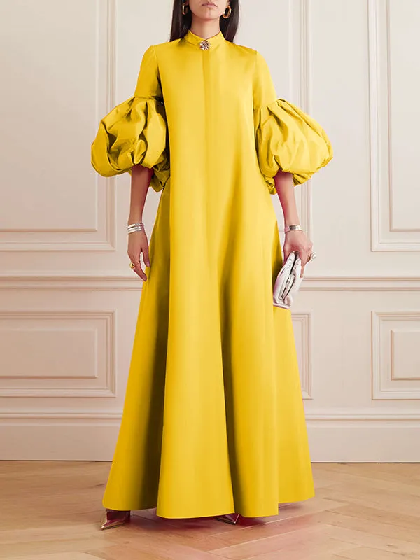 xakxx Loose Flower Shape Solid Color Stand Collar Lantern Sleeves Maxi Dresses
