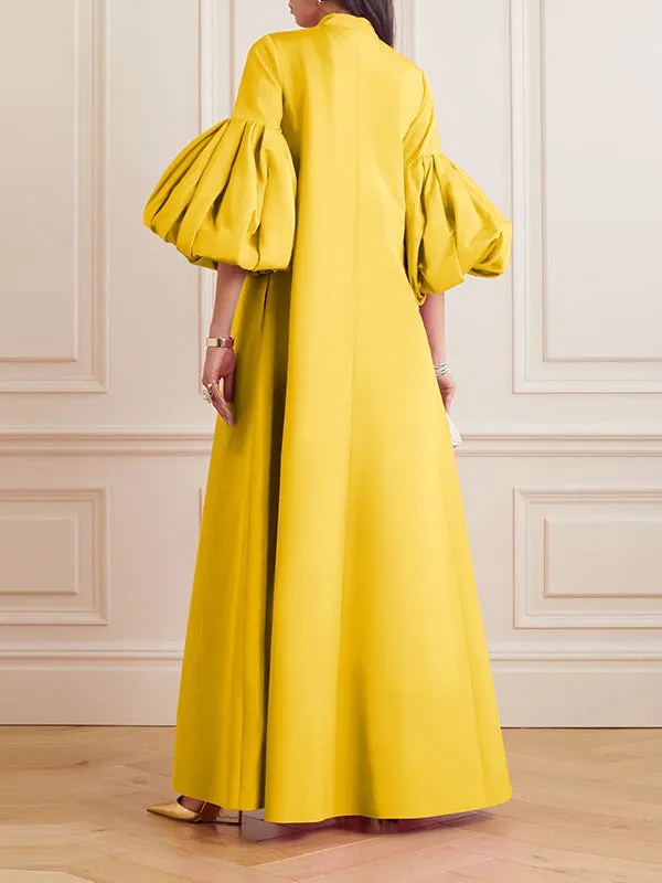 xakxx Loose Flower Shape Solid Color Stand Collar Lantern Sleeves Maxi Dresses