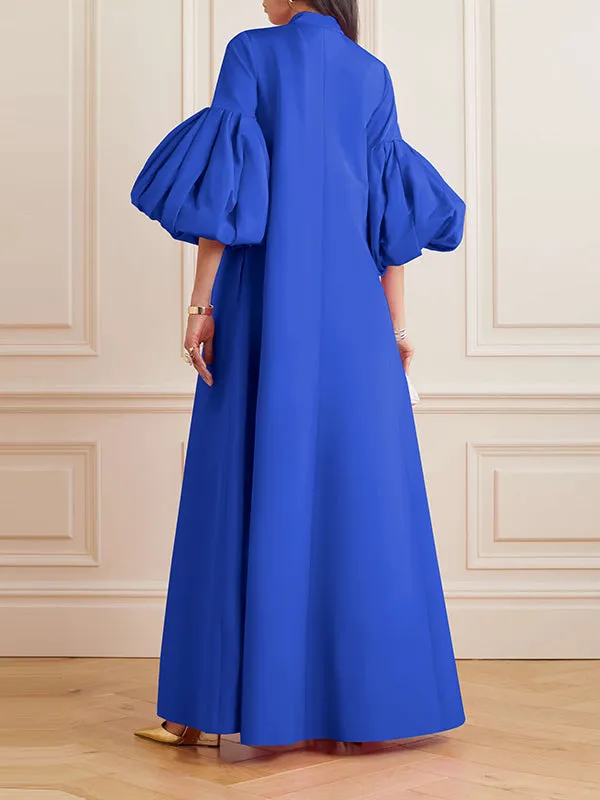 xakxx Loose Flower Shape Solid Color Stand Collar Lantern Sleeves Maxi Dresses