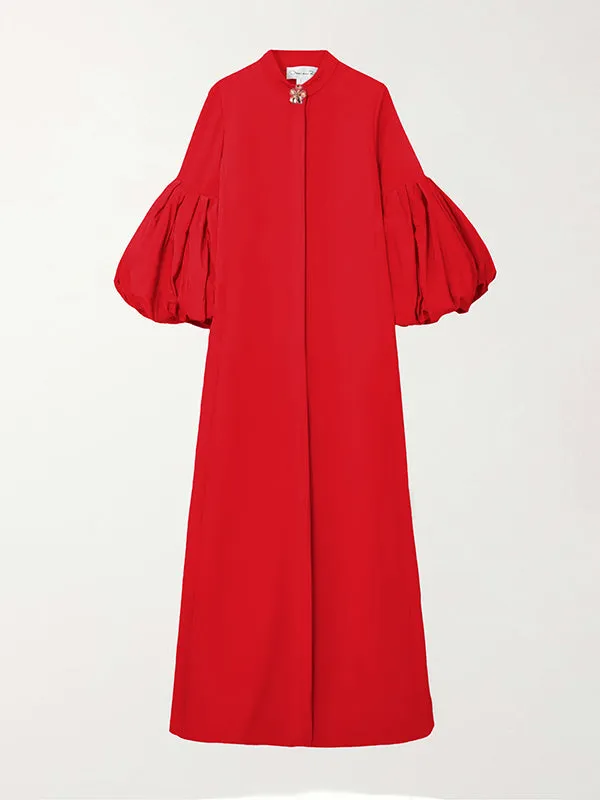 xakxx Loose Flower Shape Solid Color Stand Collar Lantern Sleeves Maxi Dresses