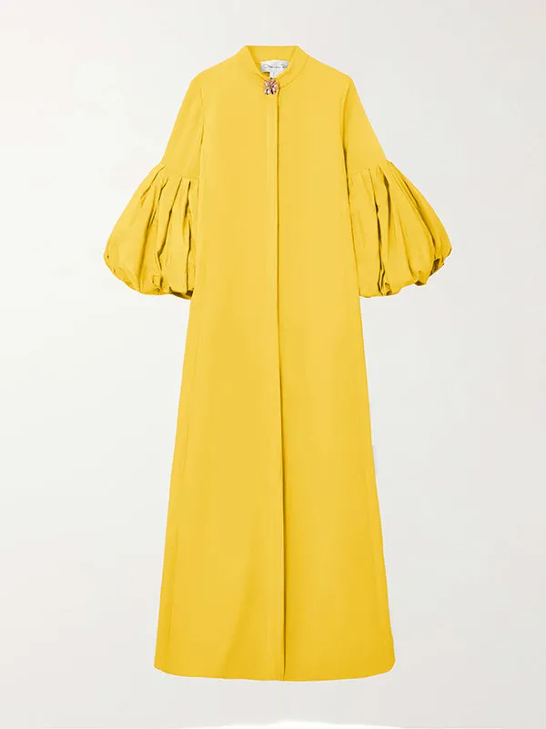xakxx Loose Flower Shape Solid Color Stand Collar Lantern Sleeves Maxi Dresses