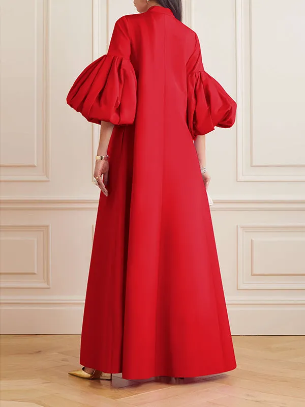 xakxx Loose Flower Shape Solid Color Stand Collar Lantern Sleeves Maxi Dresses