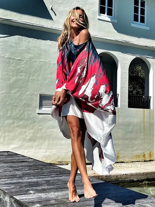 xakxx Loose Ink Print Cold Shoulder High-Low Long Dress