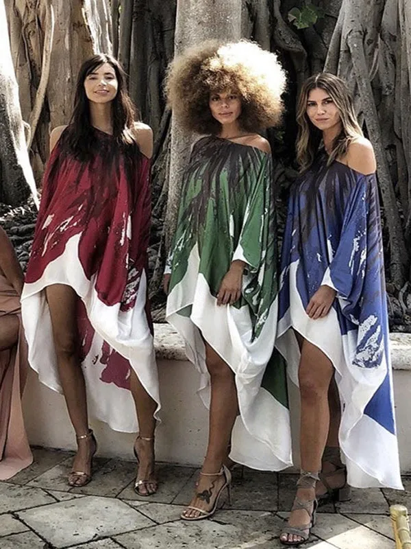 xakxx Loose Ink Print Cold Shoulder High-Low Long Dress