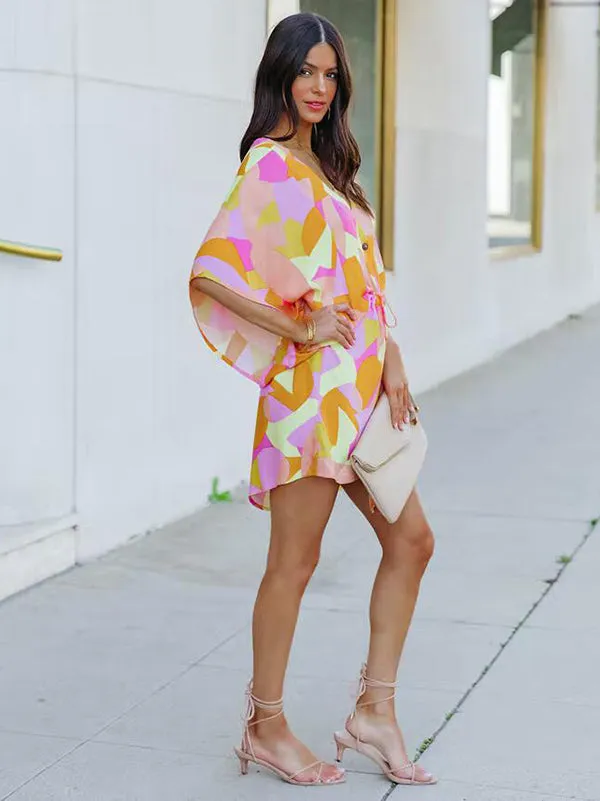 xakxx Original Loose Printed Contrast Color Tied Buttoned Mini Shirt Dress