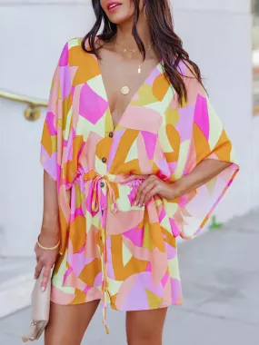xakxx Original Loose Printed Contrast Color Tied Buttoned Mini Shirt Dress
