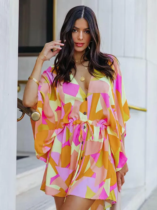 xakxx Original Loose Printed Contrast Color Tied Buttoned Mini Shirt Dress