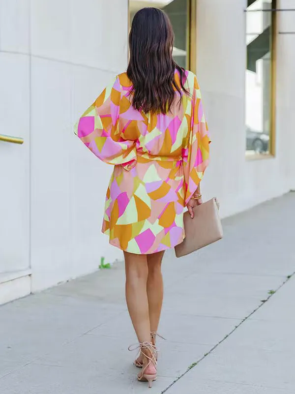 xakxx Original Loose Printed Contrast Color Tied Buttoned Mini Shirt Dress