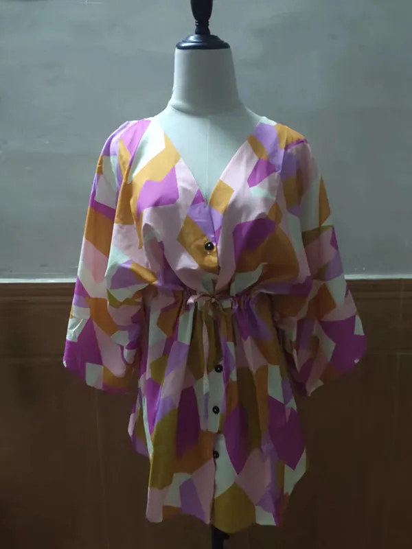 xakxx Original Loose Printed Contrast Color Tied Buttoned Mini Shirt Dress